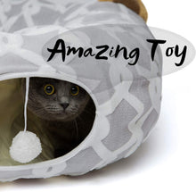 Load image into Gallery viewer, LUCKITTY Large Cat Tunnel Bed with Plush Cover,Fluffy Toy Balls, Small Cushion and Flexible Design- 10 Inch Diameter, 3 Ft Length- Great for Cats, and Small Dogs, Gray Geometric Figure