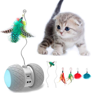 Interactive Robotic Cat Toys,Automatic Irregular USB Charging 360 Degree Self Rotating Ball,Automatic Feathers/Birds/Mouse Toys